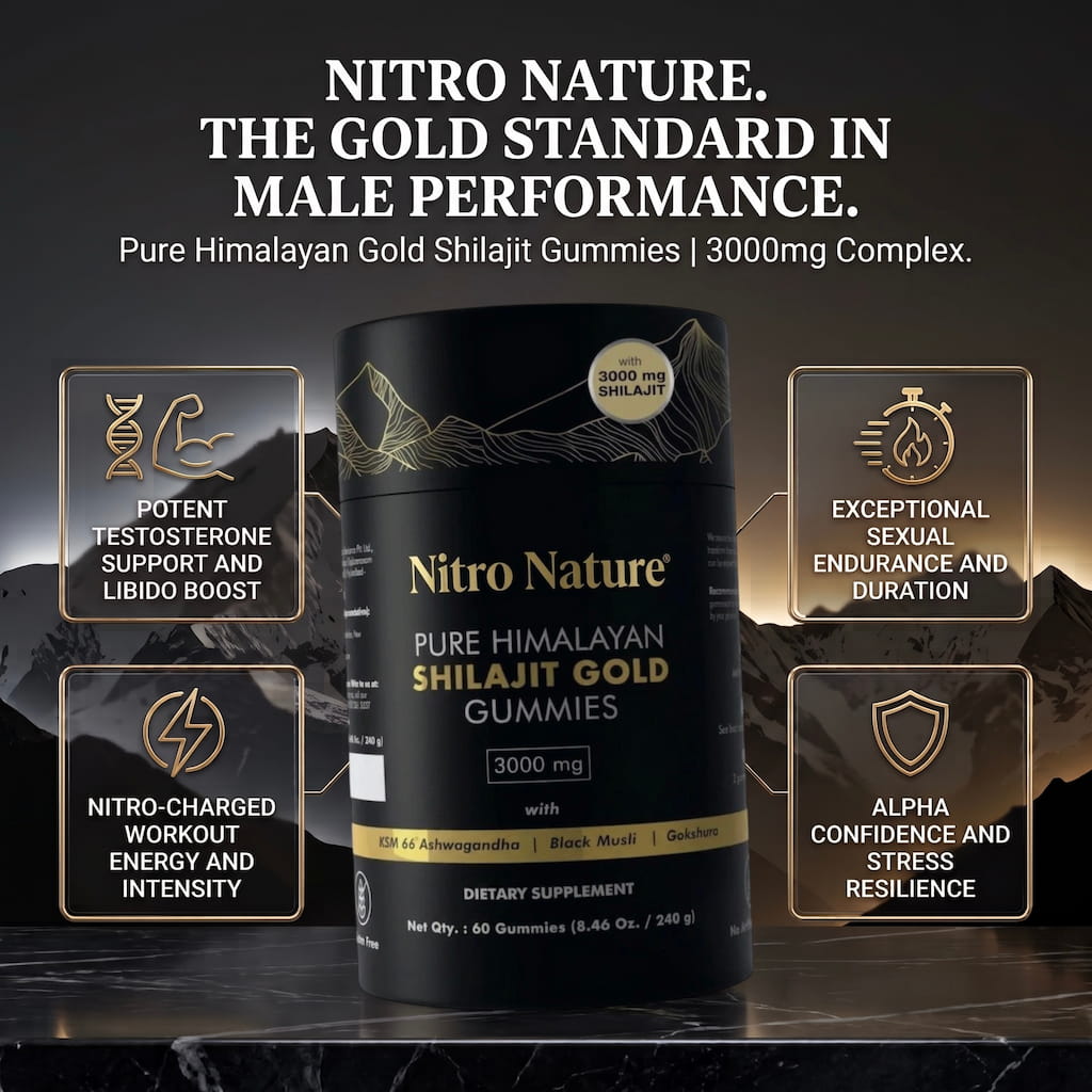 Nitro Nature Pure Himalayan Shilajit Gold Gummies bottle, 3000 mg, with callouts for testosterone and libido support, sexual endurance and duration, workout energy, and confidence and stress resilience